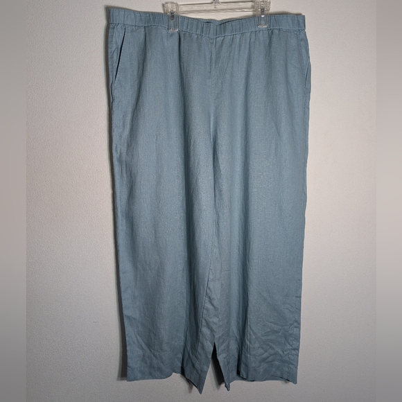Eileen Fisher Womens Pants Elastic Waist 100% Organic Linen Sky Blue Wide Leg 3X